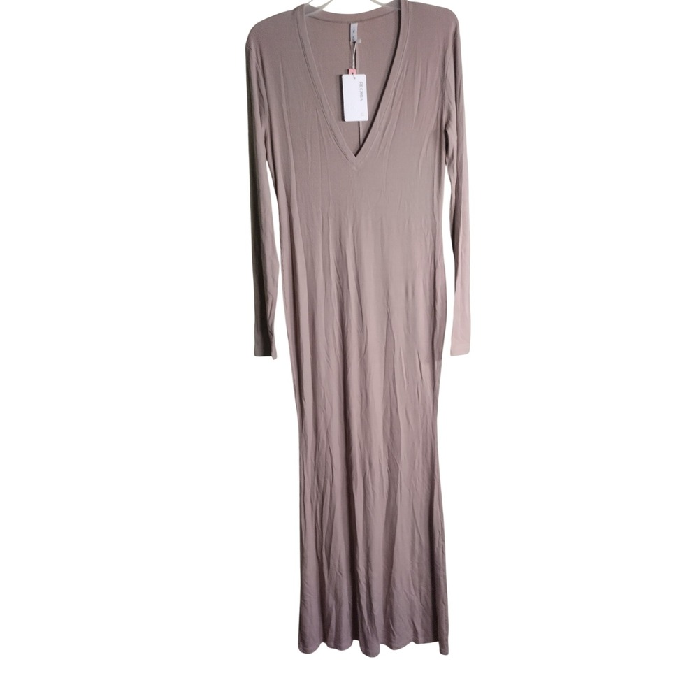 REORIA Taupe Mauve Ribbed Long Sleeve V-Neck Maxi Dress NWT XL